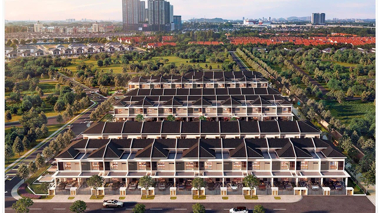 Aerial view of Setia Bayuemas homes with the Klang Valley skyline beyond