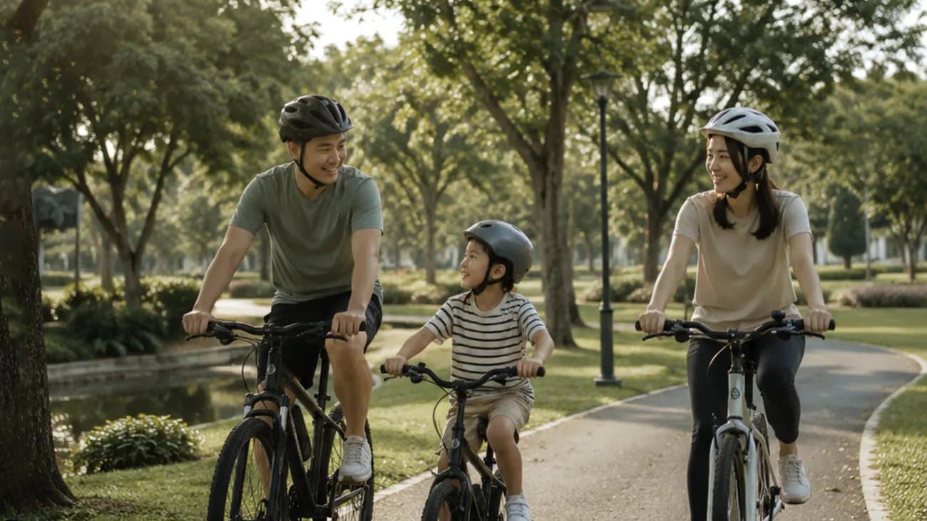 Family cycling along a tree-lined path at Setia Bayuemas