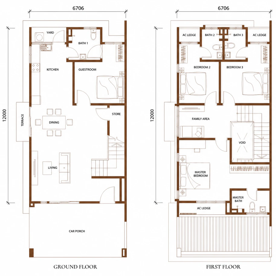 Aurora II corner/end unit floor plans, ground and first floor (indicative only)