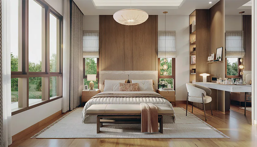 Bedroom with timber feature wall and large windows (artist's impression)