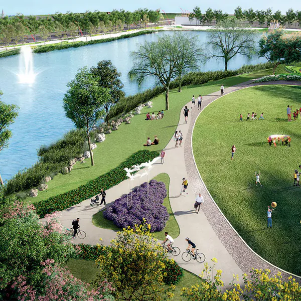 Lake Park with walking paths, lawns and a fountain