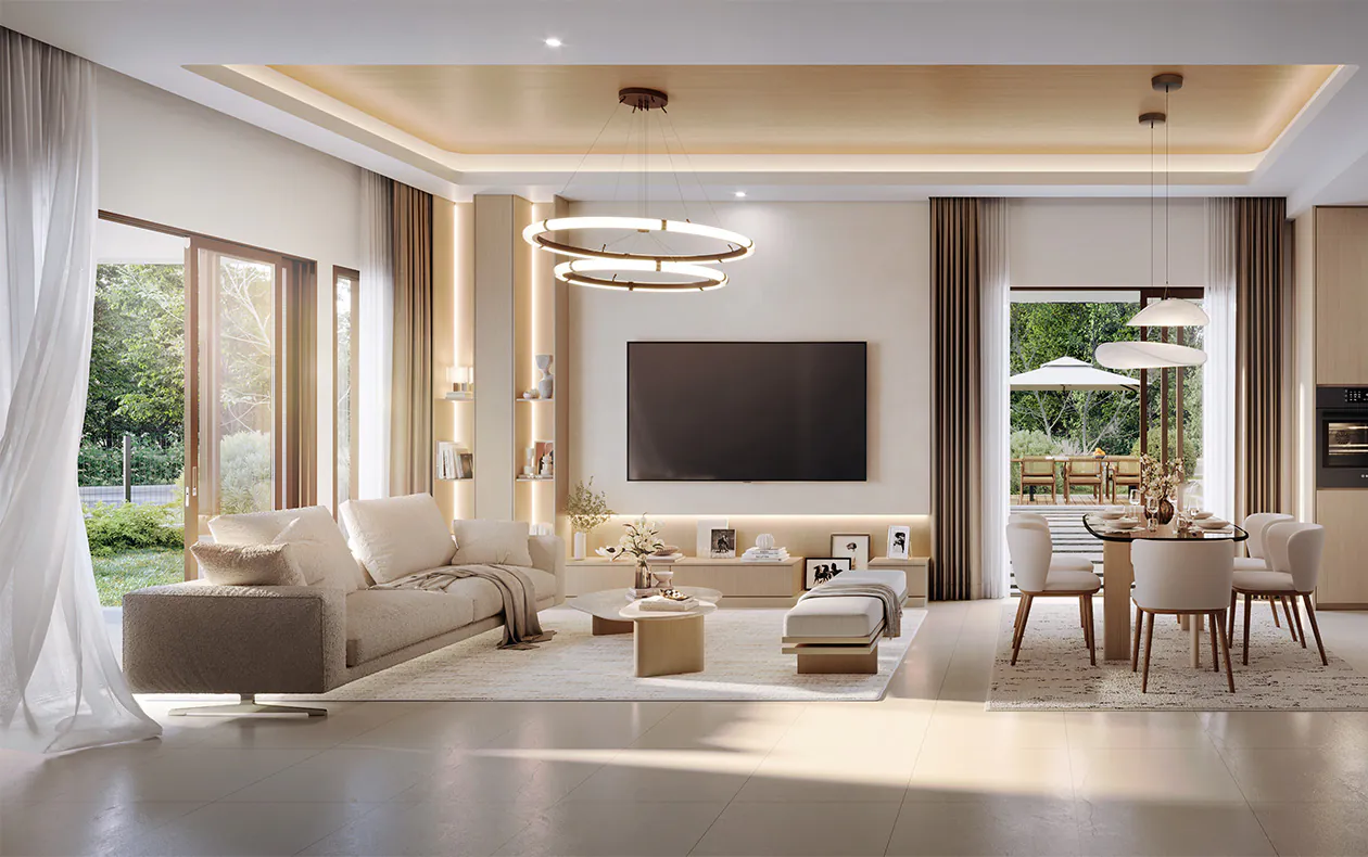 Bright living room with sofa, dining area and pendant lights (artist's impression)
