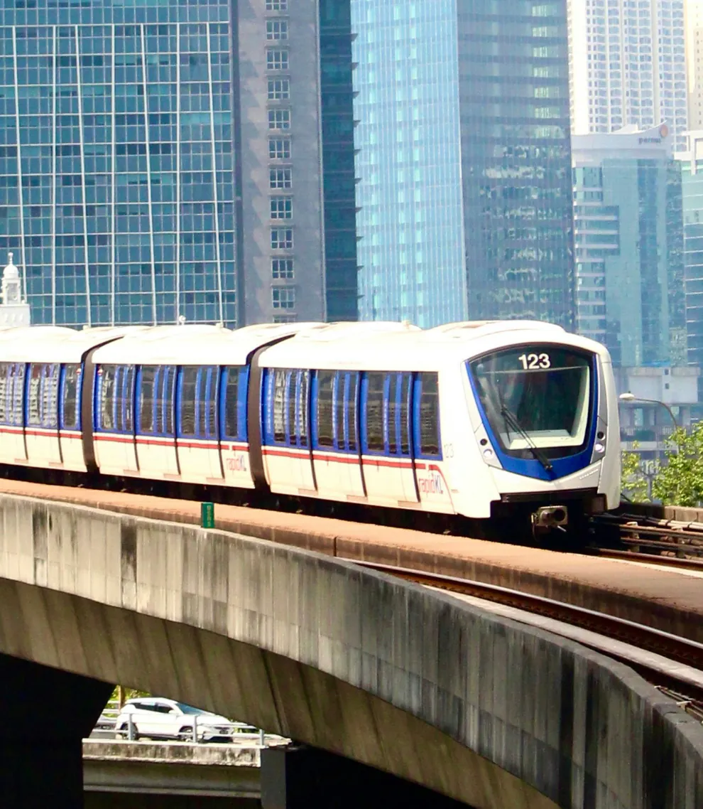 Light rail train on an elevated track