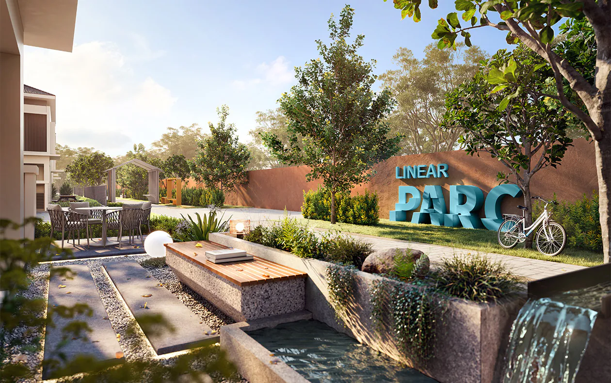 Landscaped courtyard with water feature and Linear Parc sign (artist's impression)